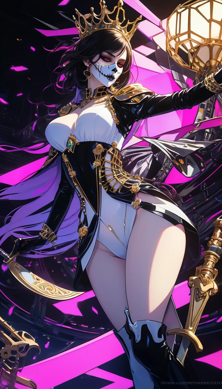 ( High quality , Ultra-detail, carefully with your hand )tarot card, chiaroscuro technique on sensual illustration of an queen of sword, a age fashion model wearing an exo-skeleton mask, vibrant colors, futuristic cyberpunk style, intricate details, cinematic lighting, dramatic pose, an elegant complex bio mechanical onyx and gold, intricate details, official art, unity 8k wallpaper, ultra detailed, beautiful and aesthetic, (in a room with black walls illuminated by violet neon lights :1.1)