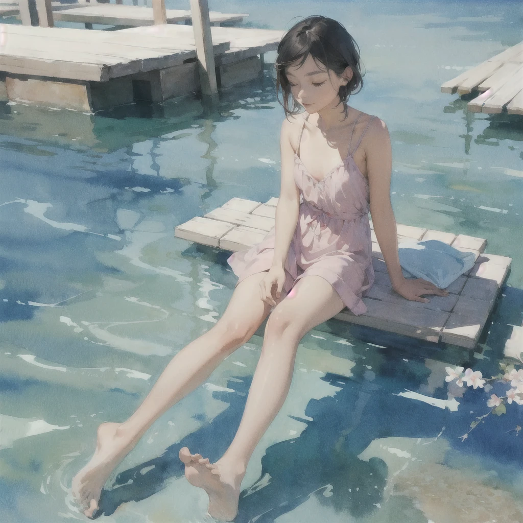 Tranquil voyager girl, Paint in watercolor style, Photorealism, discreet golden and ruby and mint shades, naked tender modest girl barefoot