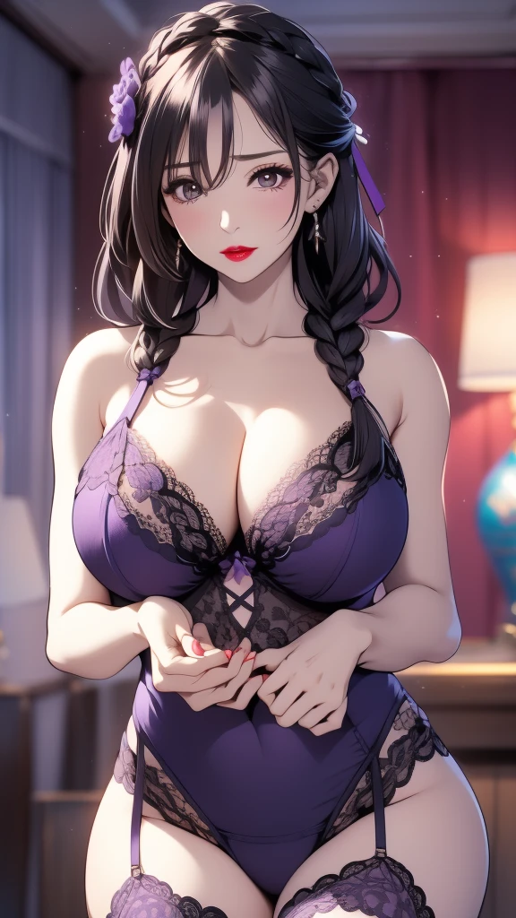 mature beautiful wife,Big breasts,whey,Shy,Face red,The room is dark,Covered in white mucus,Purple lace,Purple lace,stockings,Close eyes,pant,earrings,lipstick,Black Hair,Clothes are thin,side braid,Sweat,Square bite,Black Hair,noble