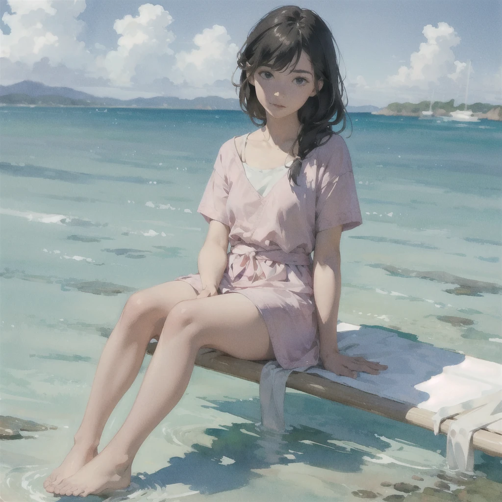 Tranquil voyager girl, in watercolor style, Photorealism, discreet peach and mint shades, barefoot