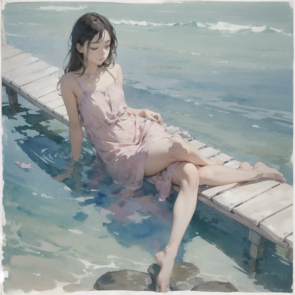 Tranquil voyager girl, in watercolor style, Photorealism, discreet pink and mint shades, barefoot