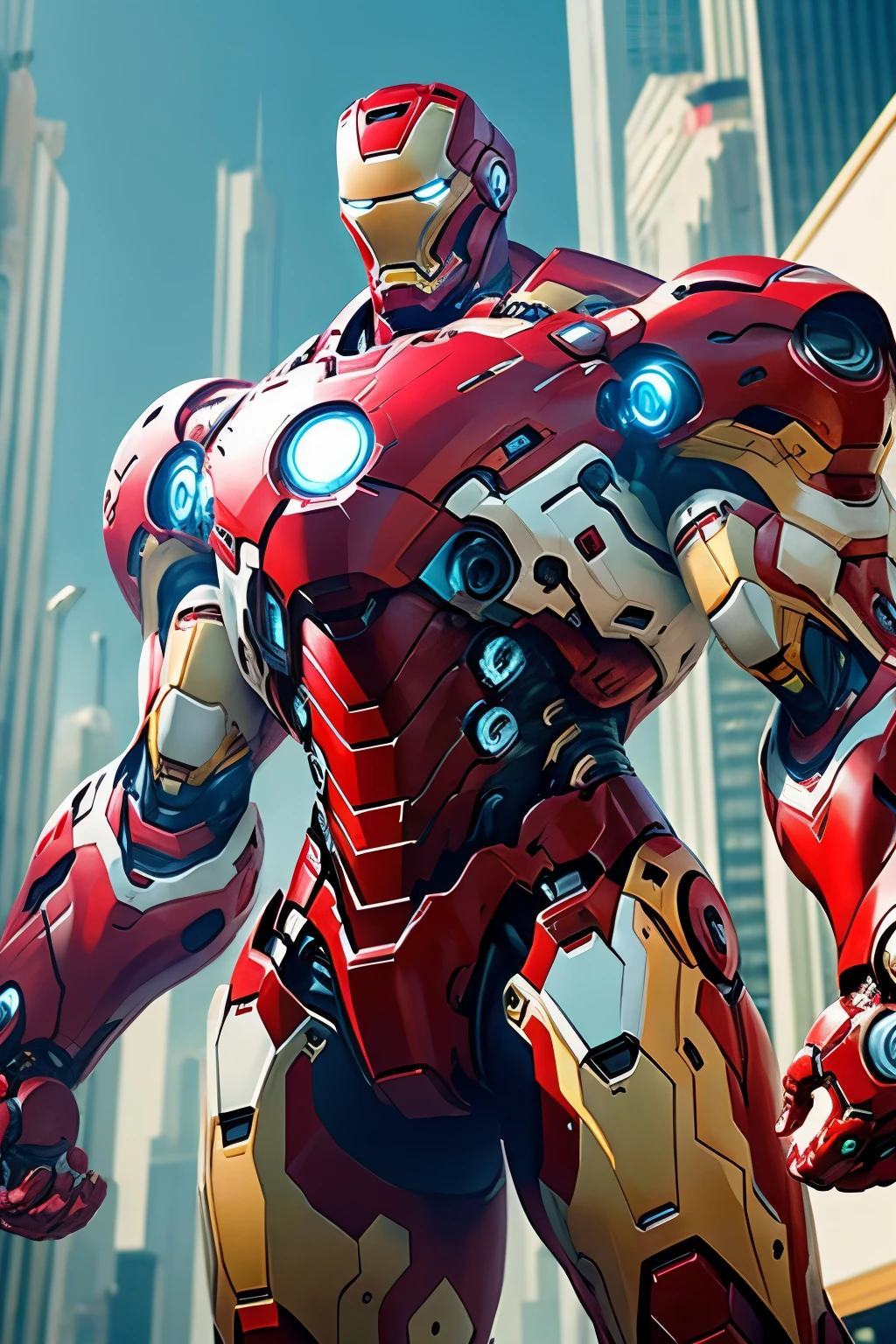 Iron Man Mega Bodybuilder, 5 metros de alto, fully body, all white and gold armor, worn out by battles, cyber punk, 8K. all-body, urban city background