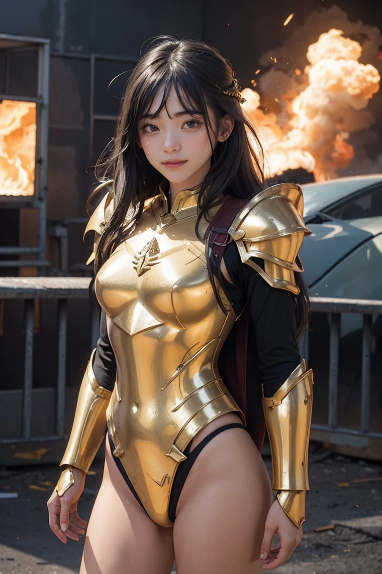 (Masterpiece), (Best Quality), (1 Girl), Girl in Golden Armor, Cool Pose, Battlefield Background, Fire Background, Saint Seiya Armor, Messy Hair, Broken Armor, Ragged Clothes
