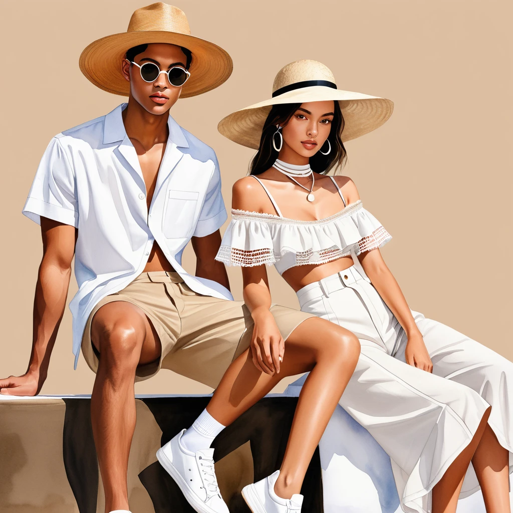 candid fashion illustration of young Mixed race man and woman, both aged 25 year old, ((showcase fashion look book in Earth tone outfits)), inspired by Jacquemus's resort collection 2022, in elegant young chic bohemian style. The man wears an oversized short-sleeved stripe shirt lace details, paired with relaxed-fit white Wide Leg short pants, comfortable and a classic silhouette. He completes his look with white sneakers and round glasses. The woman complements him in a white mini sun-dress, in cotton woven fabric frill-trimmed neckline with minimal lace detail, Her ensemble includes an accessorizes with a wide-brimmed straw hat, white sneakers, Captured in a dynamic angle, ((full-body image)), ((imperfect water color background)), sketching, realistic drawing, imperfect water color drawing, fashion look book, fashion illustrator, sketch design, Jacquemus, Chic Boho,