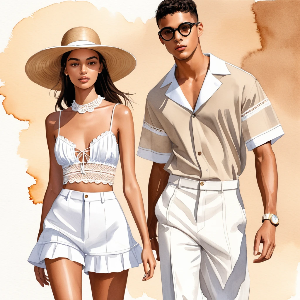 candid fashion illustration of young Mixed race man and woman, both aged 25 year old, ((showcase fashion look book in Earth tone outfits)), inspired by Jacquemus's resort collection 2022, in elegant young chic bohemian style. The man wears an oversized short-sleeved stripe shirt lace details, paired with relaxed-fit white Wide Leg short pants, comfortable and a classic silhouette. He completes his look with white sneakers and round glasses. The woman complements him in a white mini sun-dress, in cotton woven fabric frill-trimmed neckline with minimal lace detail, Her ensemble includes an accessorizes with a wide-brimmed straw hat, white sneakers, Captured in a dynamic angle, ((full-body image)), ((imperfect water color background)), sketching, realistic drawing, imperfect water color drawing, fashion look book, fashion illustrator, sketch design, Jacquemus, Chic Boho,