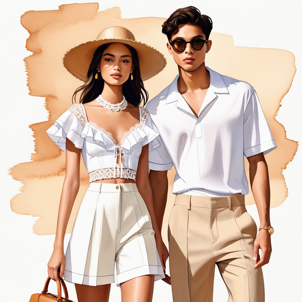 candid fashion illustration of young Mixed race man and woman, both aged 25 year old, ((showcase fashion look book in Earth tone outfits)), inspired by Jacquemus's resort collection 2022, in elegant young chic bohemian style. The man wears an oversized short-sleeved stripe shirt lace details, paired with relaxed-fit white Wide Leg short pants, comfortable and a classic silhouette. He completes his look with white sneakers and round glasses. The woman complements him in a white mini sun-dress, in cotton woven fabric frill-trimmed neckline with minimal lace detail, Her ensemble includes an accessorizes with a wide-brimmed straw hat, white sneakers, Captured in a dynamic angle, ((full-body image)), ((imperfect water color background)), sketching, realistic drawing, imperfect water color drawing, fashion look book, fashion illustrator, sketch design, Jacquemus, Chic Boho, 