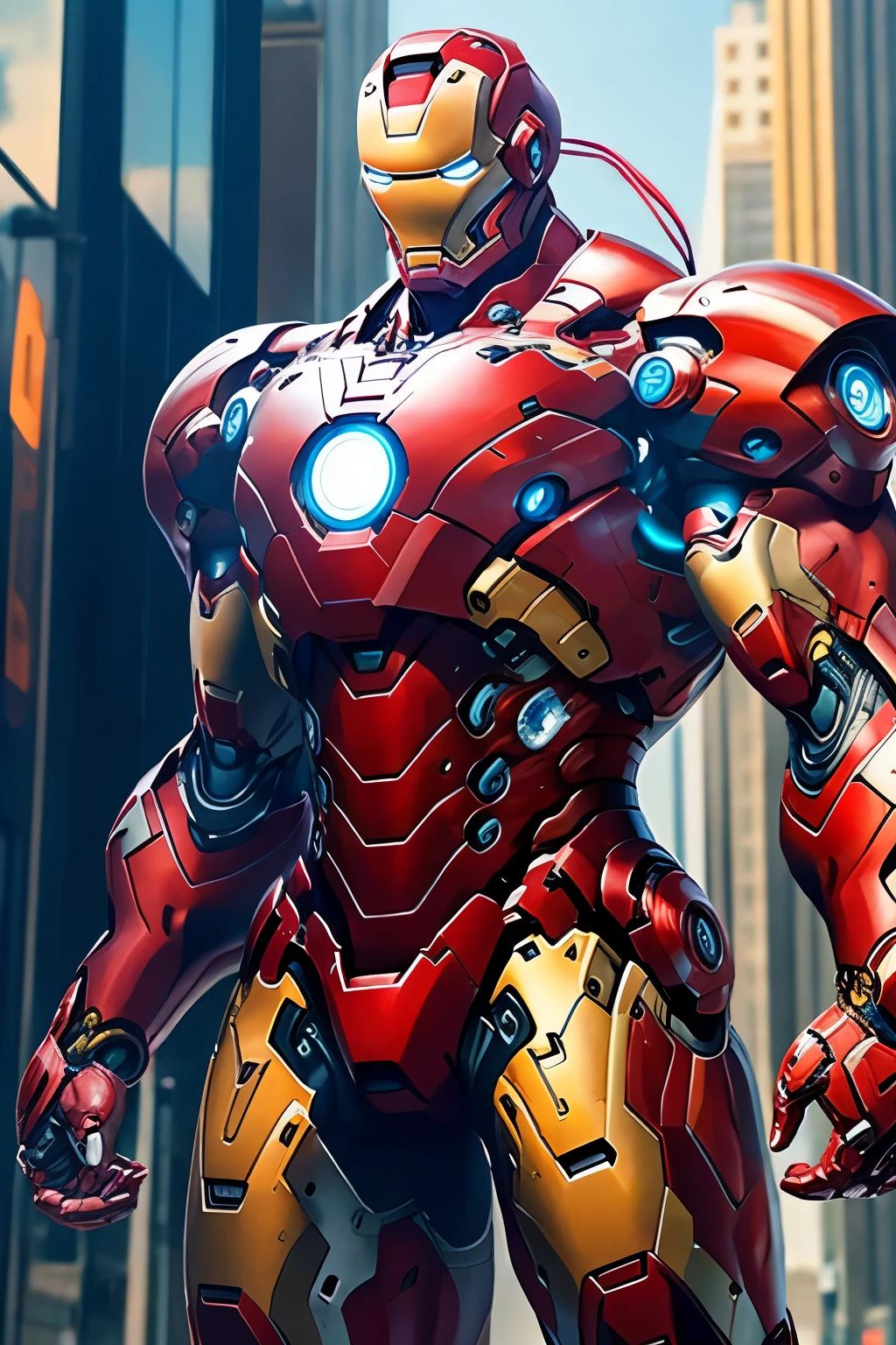 Iron Man Mega Bodybuilder, 5 metros de alto, fully body, all white and gold armor, worn out by battles, cyber punk, 8K. all-body, urban city background