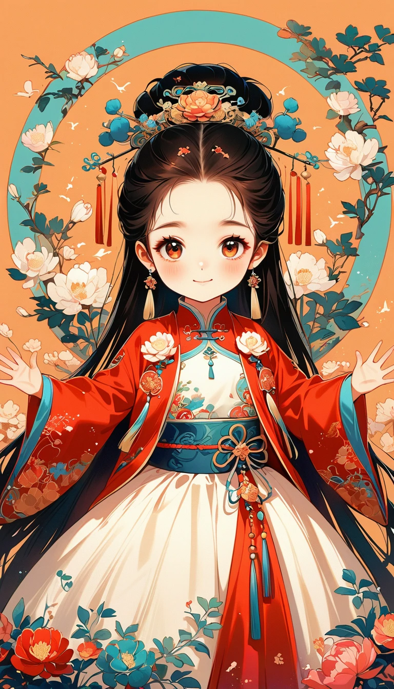 A beautiful young 5 years old little girl in traditional Chinese attire, sweet smile, from front, lively and kawaii pose, waving hands, charming and attractive sexy pose, surrounded by a lush garden. gazing at it with gentle eyes. The woman's hair is styled in an elaborate updo adorned with flowers and traditional ornaments. Her dress is elegant, pink and white color tone, featuring fine silk with floral embroidery. The garden is in full bloom, with peonies and other flowers providing a backdrop. The scene captures the serenity and beauty of classical Chinese art, with a touch of nature harmony, (((Ultra-high saturation, high natural saturation, extremely bright colors)))