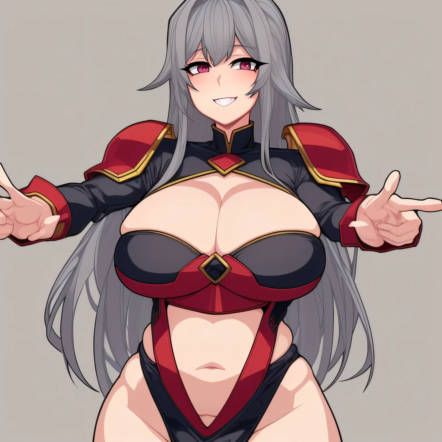 (masterpiece, Highest quality:1.3), Cotton Wings, One girl, alone, View your viewers, Wide Hips, Mature Woman, Mouth closed, Captivating smile, Simple Background, Large Breasts, Upper Body, Cowboy Shot, Thick thighs, Underbust, Red eyes, belly button, armor, Gray Hair, logic, 腹logic, Long Hair, logic fleshy woman