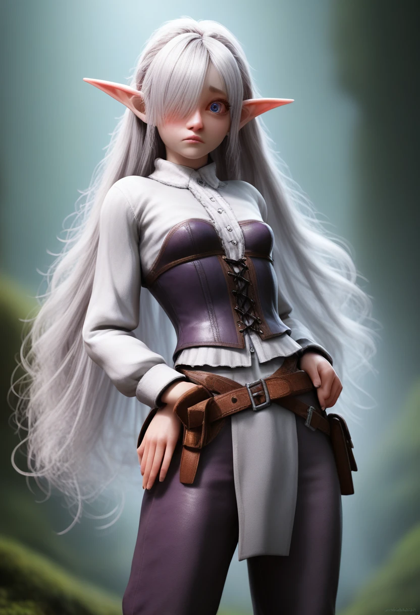 a girl with pale skin, short stature, very long wavy silver hair covering one eye, small breasts, pouty lips, and bright blue anime-style eyes with long lashes, wearing a corset, white puffy long sleeved shirt, and puffy cloth pants, leather bound boots, set in a windy fantasy landscape, (best quality,4k,8k,highres,masterpiece:1.2),ultra-detailed, dungeons and dragons, long elf ears, small girl, detailed skin and cloth textures, cute detailed face, intricate details, extremely detailed, 1girl, dynamic pose with hair covering one eye, shy personality, puffy cloth pants with leather belt, detailed privateer outfit, detailed buccaneer outfit, pouch on belt, wearing ornate leather armor with fur trim, silver inlay detail, wearing fur trimmed boots, wearing fur trimmed gloves, short, short height, halfing girl, small girl, very long detailed flowing hair, big head, big round eyes, windy, wind blown hair, wirey muscles, fighter, dynamic angle 