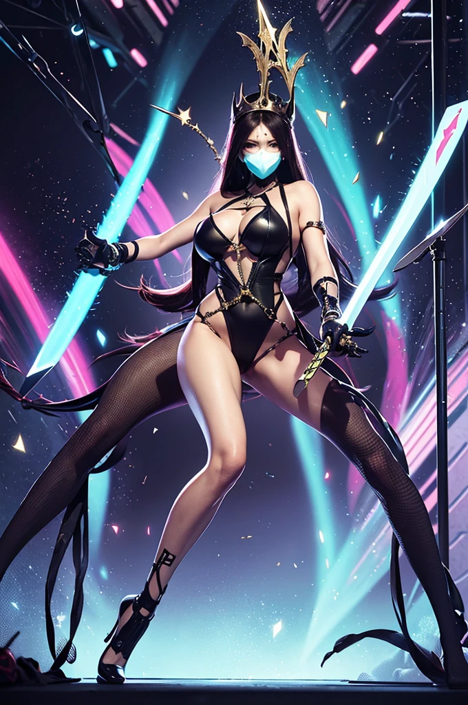 ( High quality , Ultra-detail, carefully with your hand )tarot card, chiaroscuro technique on sensual illustration of an queen of sword, a teenage fashion model wearing an exo-skeleton mask, vibrant colors, futuristic cyberpunk style, intricate details, cinematic lighting, dramatic pose, an elegant complex bio mechanical onyx and gold, intricate details, official art, unity 8k wallpaper, ultra detailed, beautiful and aesthetic, (in a room with black walls illuminated by violet neon lights :1.1)
