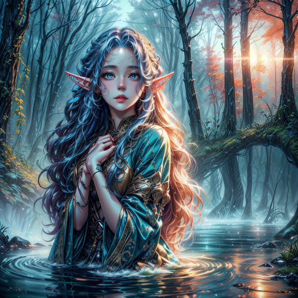 a young woman with long blue hair hair and elf make-up stands in a stream, blushing, shy, sad, 4k fantasy art, detailed fantasy digital art, hyper-realistic fantasy art, Realistic fantasy artwork, beautiful fantasy art, HD-Fantasy-Kunst, detailed fantasy art, realistic fantasy painting, very beautiful fantasy art, digital art fantasy art, 4k highly detailed digital art, Detailed digital art in 4K, amazing fantasy art