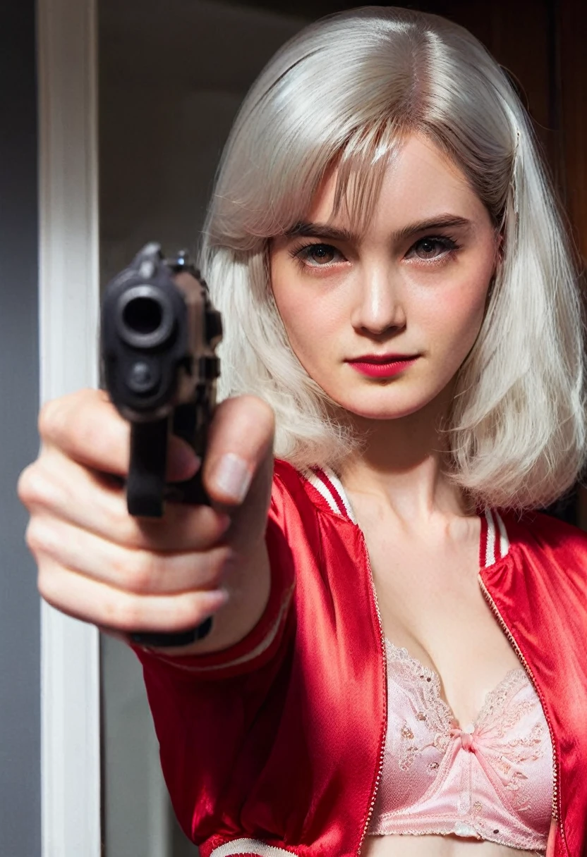 smile, Photo realistic, High resolution, detailed background, detailed beautiful skin, detailed nose, soft lighting, (solo shot:1.23), (pointing a gun at camera:1.3), closed shot, (breast focused:1.3), looking at viewer, (((nice hand, perfect hand))), clear eyes,// japanese lady, pale skin, (((cleavage))), mega breasts, 20 year old, // (((wearing red satin Bomber Jacket with satin leggings))), long white hair, street snap, ((facing viewer)), walking up to a front door in a suburban neighborhood, ((standing))