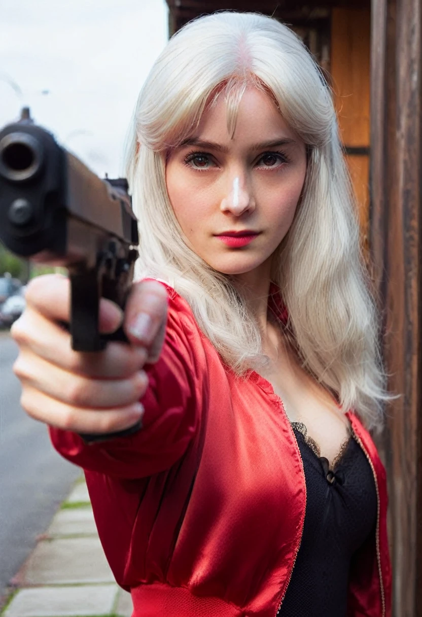 smile, Photo realistic, High resolution, detailed background, detailed beautiful skin, detailed nose, soft lighting, (solo shot:1.23), (pointing a gun at camera:1.3), closed shot, (breast focused:1.3), looking at viewer, (((nice hand, perfect hand))), clear eyes,// japanese lady, pale skin, (((cleavage))), mega breasts, 20 year old, // (((wearing red satin Bomber Jacket with satin leggings))), long white hair, street snap, ((facing viewer)), walking up to a front door in a suburban neighborhood, ((standing))