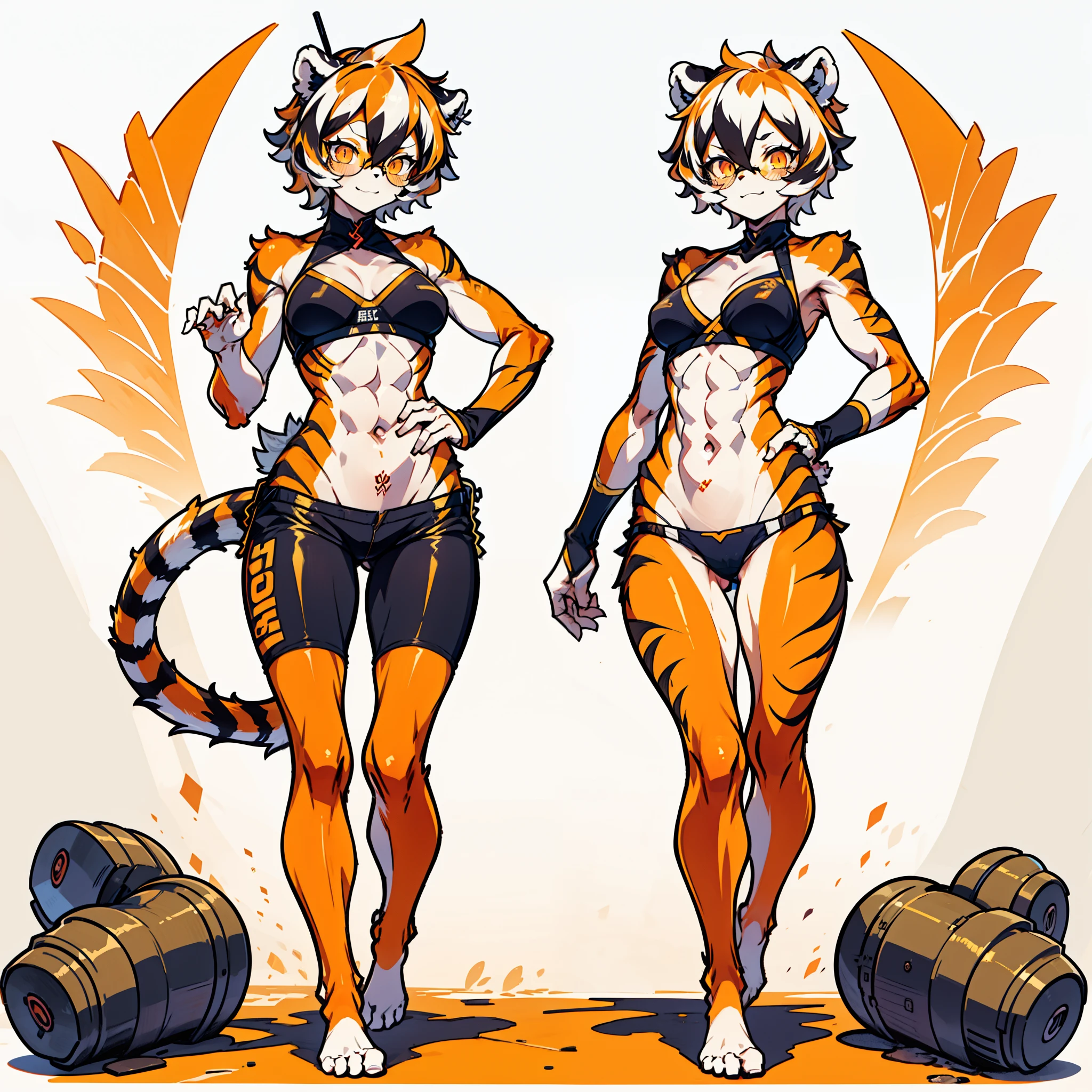 white background, full body, solo, 1girl, Standing, heading up, proud, young girl, animal ears, arknights, white hair, black hair, round eyewear, glasses, OPPEIN, short hair, large breasts, muscle, tail, orange eyes, orange hair, multicolored hair, tiger girl, furry female, hair between eyes, tiger_ears, tiger_tail, waai_fu, orange-tinted_eyewear, tinted_eyewear, Sophorae, ワイフー, waai_fu_arknights, tattoo, petite, neck tattoo, big breasts, stomach tattoo, bra, panties, evil smile, Shadows under feet, text, Abdominal muscles，nsfw，hentai