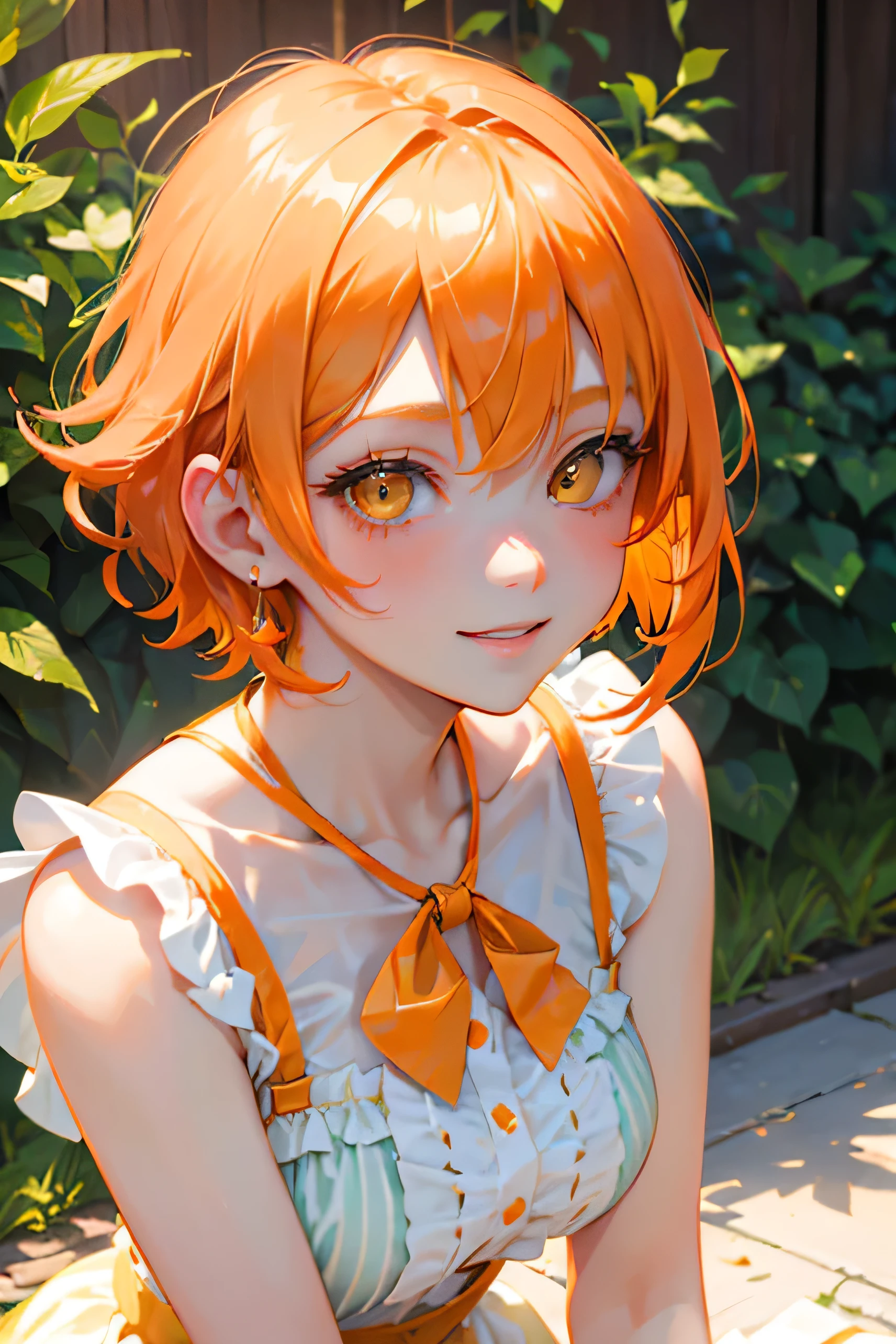 Anime girl with orange hair and a white dress sitting on a bench ...