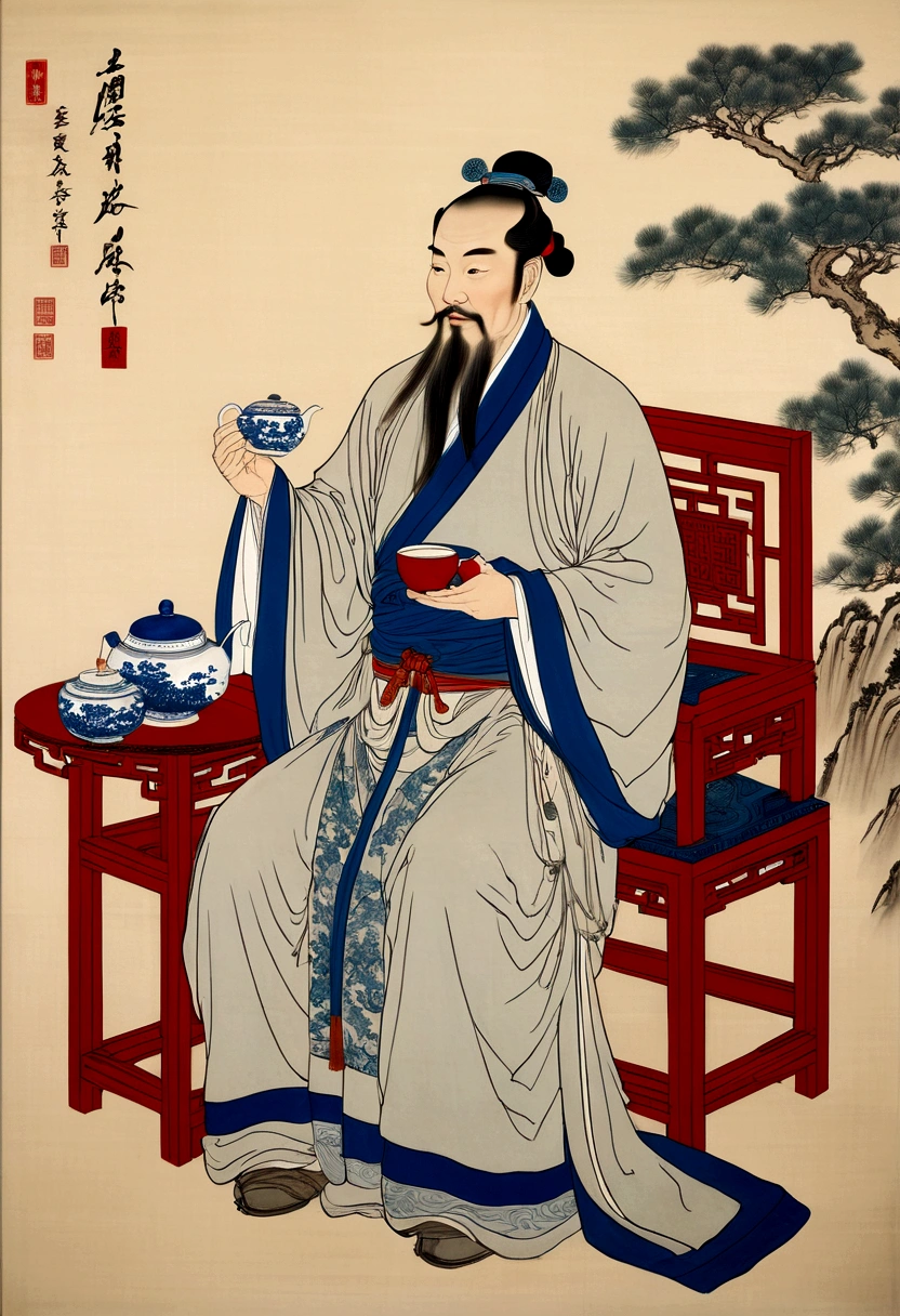 Arawd man sitting on a chair,Drinking tea, inspired by Cao Zhibai, by Chen Daofu, style of guo hua, inspired by Zhang Shunzi, Inspired by Wu Daozi, by Sheng Maoye, inspired by Zhichao Cai, Inspired by Chen Daofu, by Chen Hongshou, zhang daqian