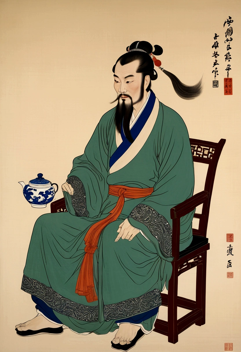 Arawd man sitting on a chair,Drinking tea, inspired by Cao Zhibai, by Chen Daofu, style of guo hua, inspired by Zhang Shunzi, Inspired by Wu Daozi, by Sheng Maoye, inspired by Zhichao Cai, Inspired by Chen Daofu, by Chen Hongshou, zhang daqian