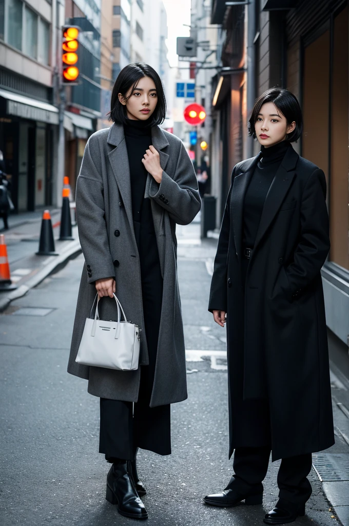 Black turtleneck,long coat（grey),Silver simple necklace,Black leather ankle boots,Black Leather Tote,175公分的瘦高型日本male，short black hair，Gives people a mysterious feeling，Full of confidence，as if shrouded in shadow，Stand in the street,Stylish style,A bit scary appearance，male
