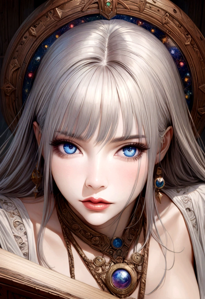 a woman with white hair, detailed eyes, detailed lips, smaller breasts, looking directly at the viewer, hyper realistic, 8k, extremely detailed, masterpiece, fine art, elegant, graceful, cinematic lighting, dramatic, chiaroscuro, moody, photorealistic, oil painting, intricate details, realistic skin texture, beautiful, serene, ethereal