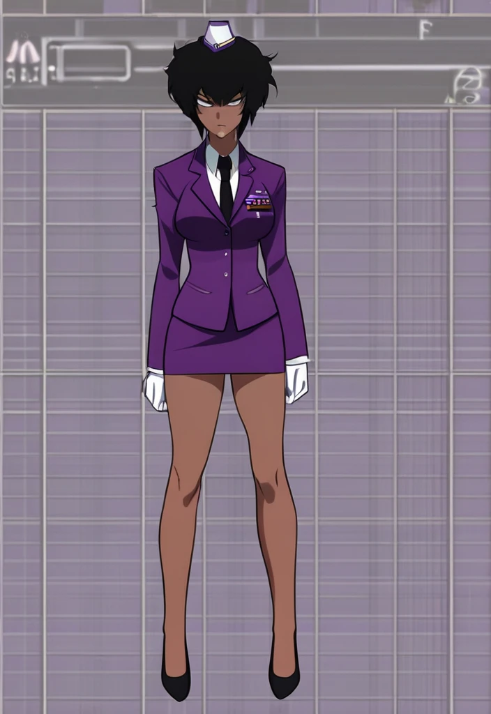 Make a evil military black anime woman in a purple skirt suit witha tie on full body