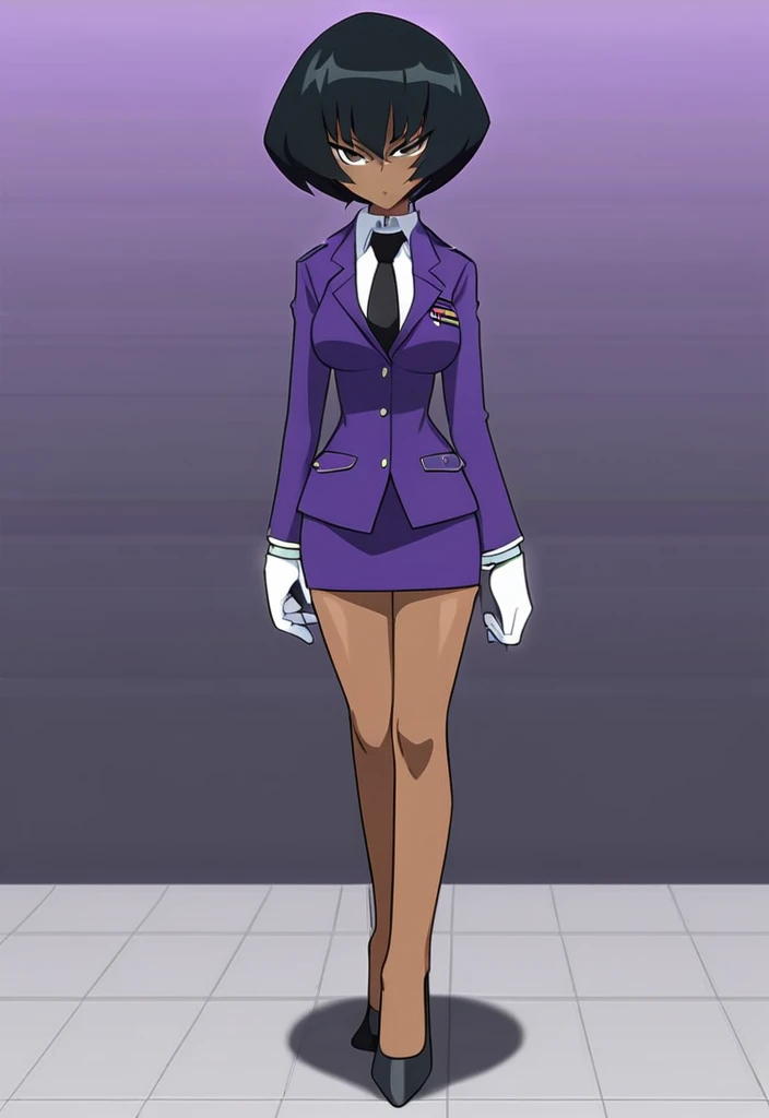 Make a evil military black anime woman in a purple skirt suit witha tie on full body