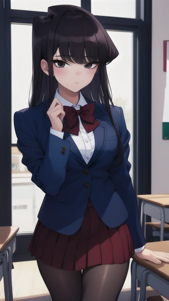 1girl, cowboy shot, classroom,
komi_shouko, black eyes, black hair, long hair, , red bowtie, jacket, blazer, long sleeves, striped, pleated skirt, red skirt, black pantyhose, best quality, masterpiece, highres,
