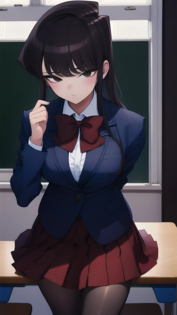 1girl, cowboy shot, classroom,
komi_shouko, black eyes, black hair, long hair, , red bowtie, jacket, blazer, long sleeves, striped, pleated skirt, red skirt, black pantyhose, best quality, masterpiece, highres,