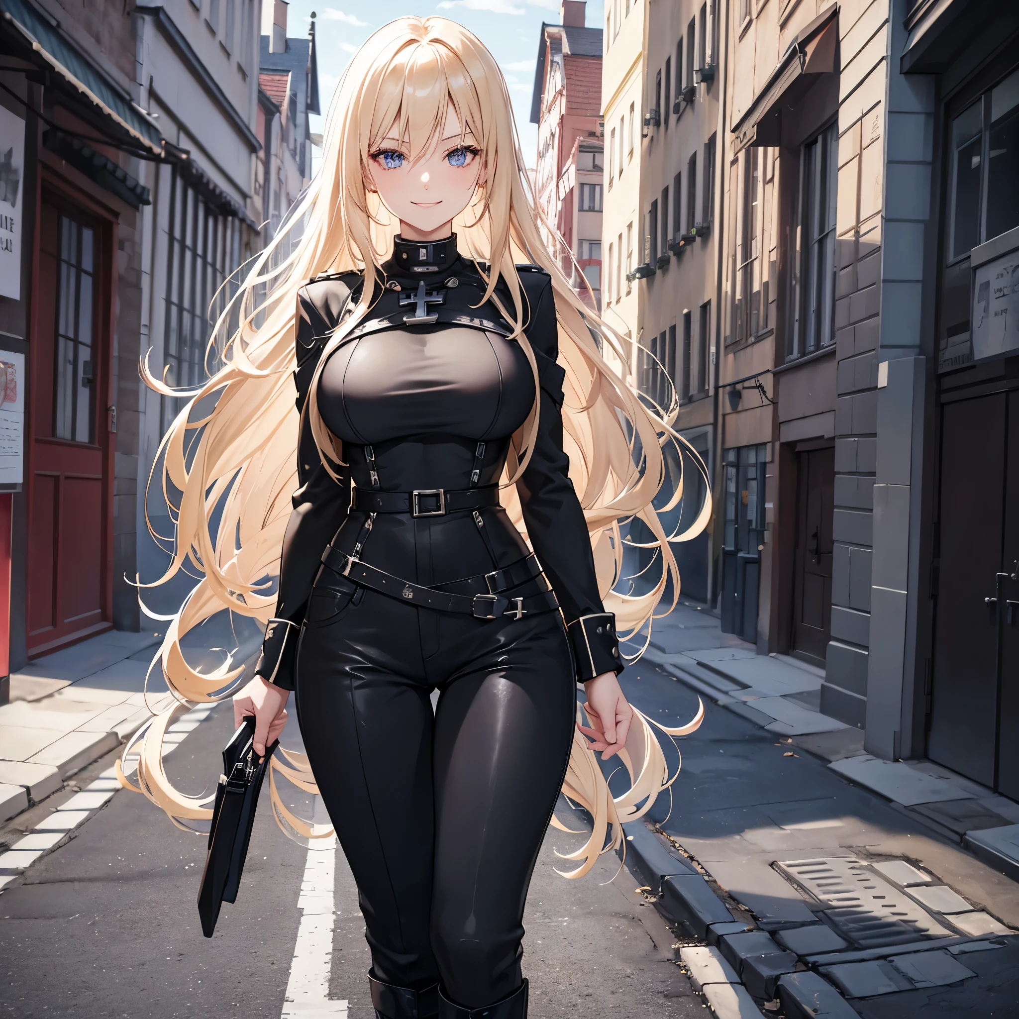 A woman wearing a black shirt with a white iron cross design, wearing a long black jacket, wearing feminine black pants, black boots, blonde hair, long hair, standing posture, blue eyes, smiling, big breasts, walking in a sidewalk of a traditional German city, necklace with the iron cross around the neck.,UHD , prime work , accurate , anatomically correct , textured skin , super details , high quality , best quality, 8k, high resolution, bokeh effect. (woman alone)
