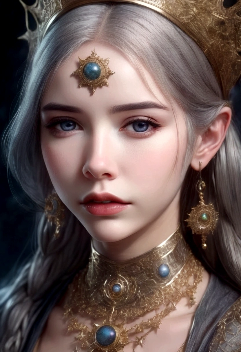 a cute gray haired woman, intricate star patterned mystical robes, astrological workshop, huge tome of astrological signs, star observation tools, detailed face, beautiful detailed eyes, beautiful detailed lips, extremely detailed face and eyes, long eyelashes, photorealistic, 8k, highres, masterpiece, ultra-detailed, realistic, vivid colors, dramatic lighting, fantasy, mystical, astrological, concept art
