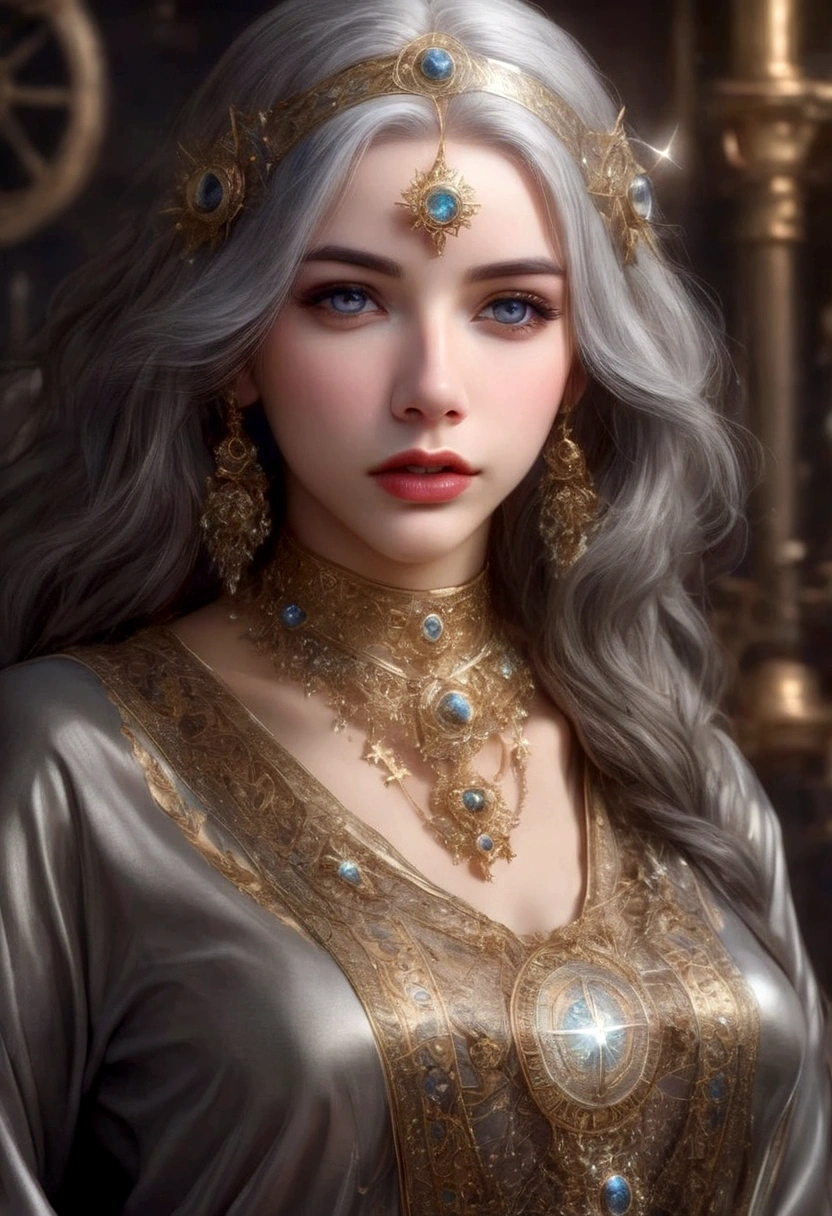 a cute gray haired woman, intricate star patterned mystical robes, astrological workshop, huge tome of astrological signs, star observation tools, detailed face, beautiful detailed eyes, beautiful detailed lips, extremely detailed face and eyes, long eyelashes, photorealistic, 8k, highres, masterpiece, ultra-detailed, realistic, vivid colors, dramatic lighting, fantasy, mystical, astrological, concept art
