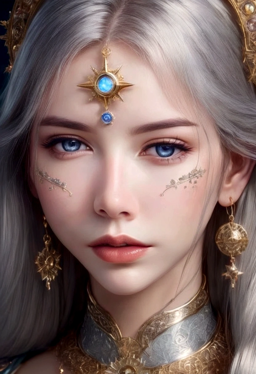 a cute gray haired woman, intricate star patterned mystical robes, astrological workshop, huge tome of astrological signs, star observation tools, detailed face, beautiful detailed eyes, beautiful detailed lips, extremely detailed face and eyes, long eyelashes, photorealistic, 8k, highres, masterpiece, ultra-detailed, realistic, vivid colors, dramatic lighting, fantasy, mystical, astrological, concept art
