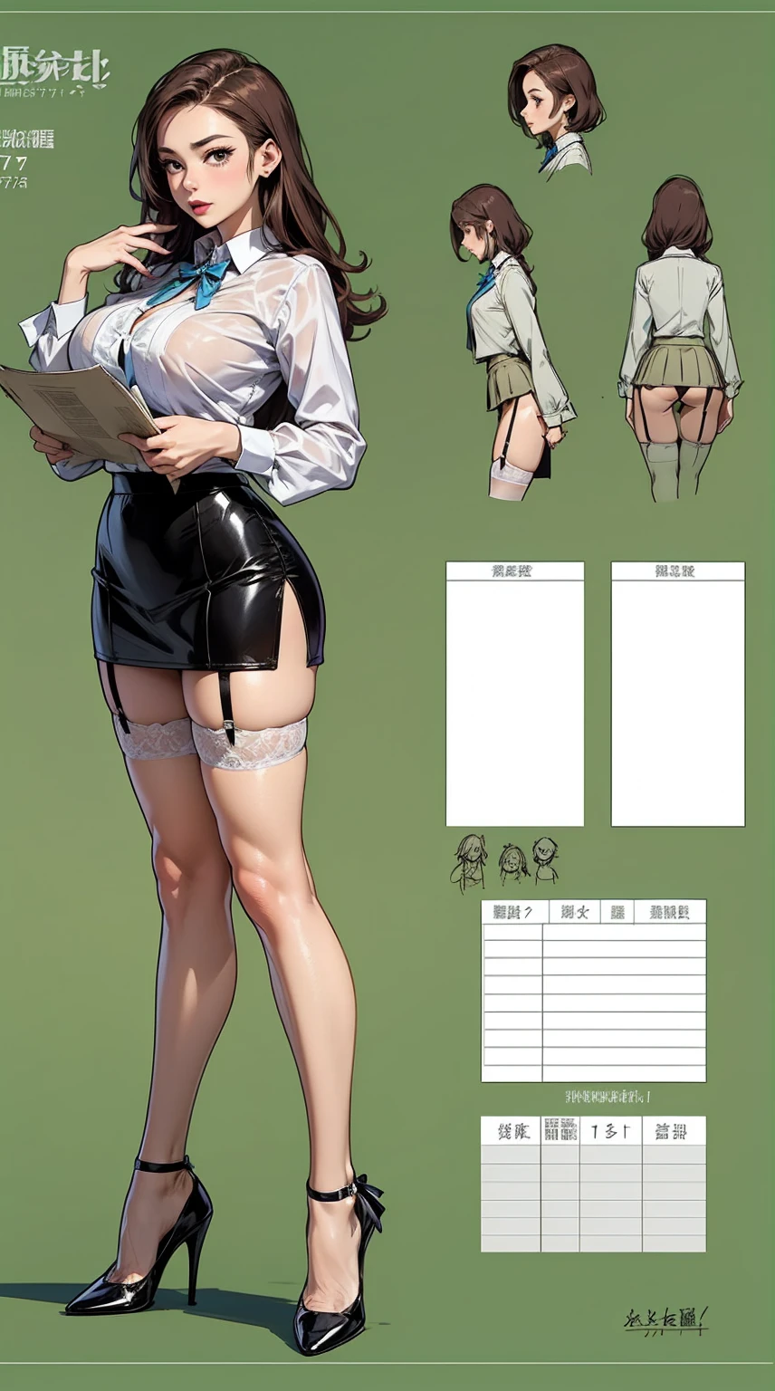 girl, alone, whole body, From head to toe, Are standing, (Huge_chest:1.3),
Character design sheet, Character Reference Sheet, 設計図のSchematic, Drafting, Blueprint, Schematic,
((Character design sheet:1.7, Character Reference Sheet:1.7,)),
anime/cartoon character wearing a girls , 1girl, alone, ,Mature Woman,chestの谷間,Long sleeve,Collared shirt,White shirt,,(Tight Skirt),((garter belt)),(High heels),Skirt Suit,mini skirt,office lady,Long Hair, bow, , (Very short skirt:1.4), (lingerie:1.5),