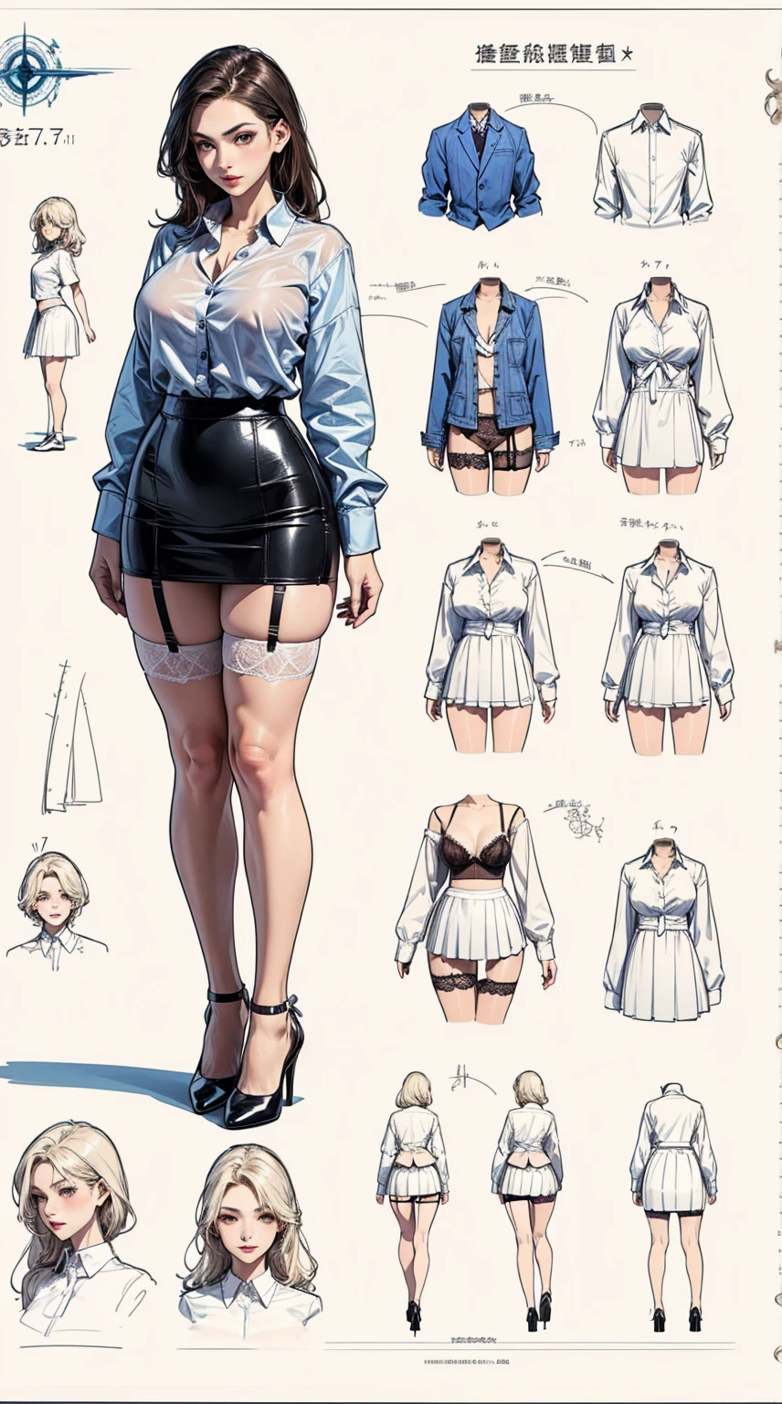girl, alone, whole body, From head to toe, Are standing, (Huge_chest:1.3),
Character design sheet, Character Reference Sheet, 設計図のSchematic, Drafting, Blueprint, Schematic,
((Character design sheet:1.7, Character Reference Sheet:1.7,)),
anime/cartoon character wearing a girls , 1girl, alone, ,Mature Woman,chestの谷間,Long sleeve,Collared shirt,White shirt,,(Tight Skirt),((garter belt)),(High heels),Skirt Suit,mini skirt,office lady,Long Hair, bow, , (Very short skirt:1.4), (lingerie:1.5),