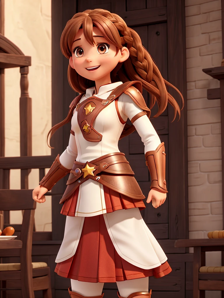 Star, asuna, wide, Brown hair, braid, Brown eyes, bare shoulders, armor, breastplate, white sleeves, separate sleeves, Red skirt, pleated skirt, white thighs, undulation, SMILE, Leaning forward, Open mouth, City, Fancy