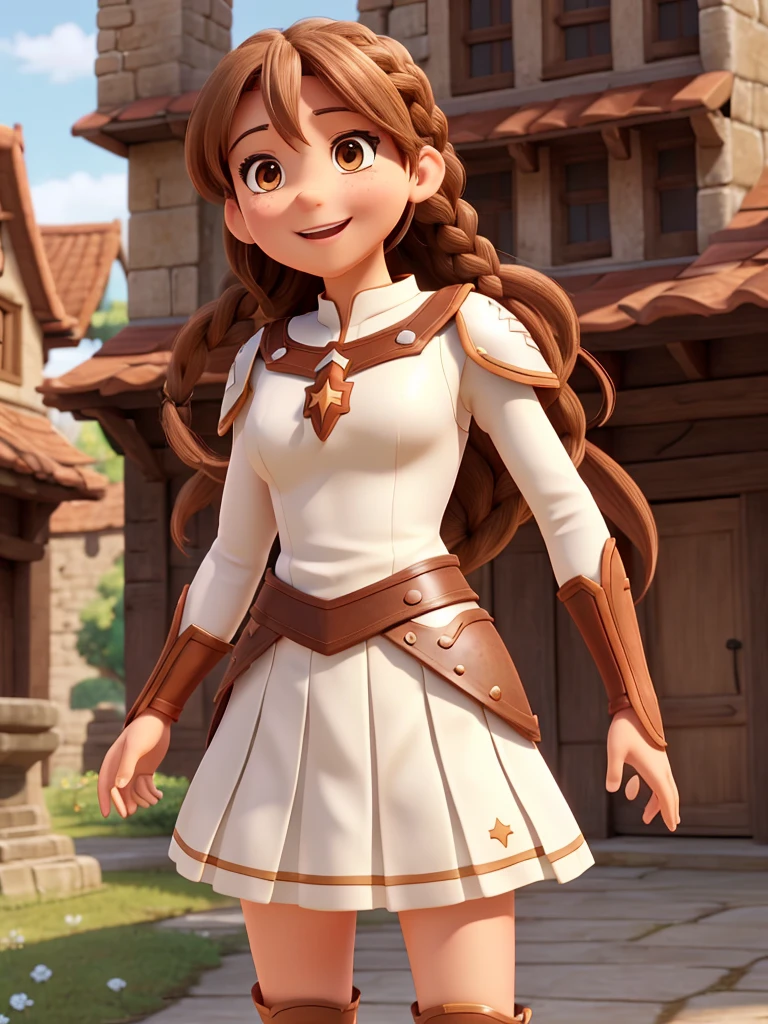 Star, asuna, wide, Brown hair, braid, Brown eyes, bare shoulders, armor, breastplate, white sleeves, separate sleeves, Red skirt, pleated skirt, white thighs, undulation, SMILE, Leaning forward, Open mouth, City, Fancy