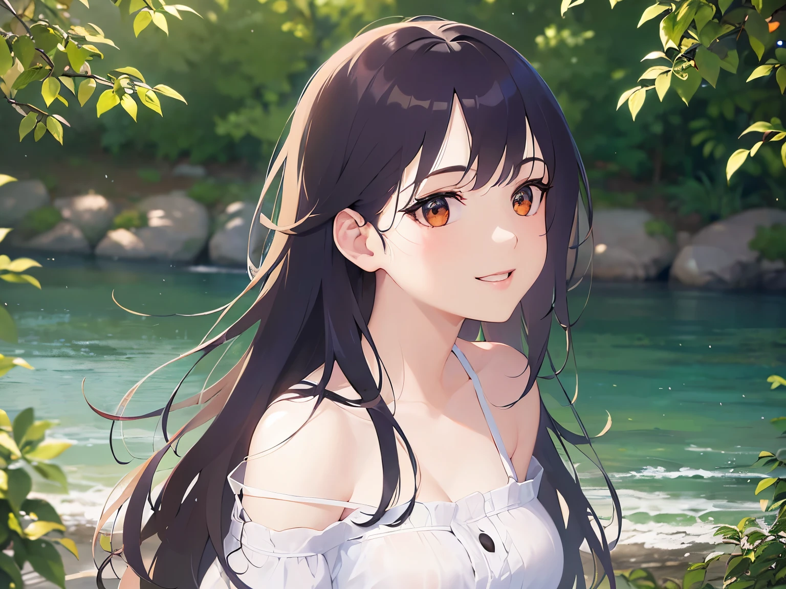 side angle,(looking away:1.5),Detailed CG,Ultra-fine illustrations,masterpiece,Highest quality,BREAK(white)and(off shoulder blouse)BREAK,Realistic,real person,(pale skin: 1.2),RAW photo,photorealistic(Pale skin:1.2),shiny skin,shiny hair,(A 28-year-old woman with medium-length hair and bangs)and(wavy hair)and(brown hair)and(Orange Eyes),(smile:1.5),The background is a park with a large lawn,Alone