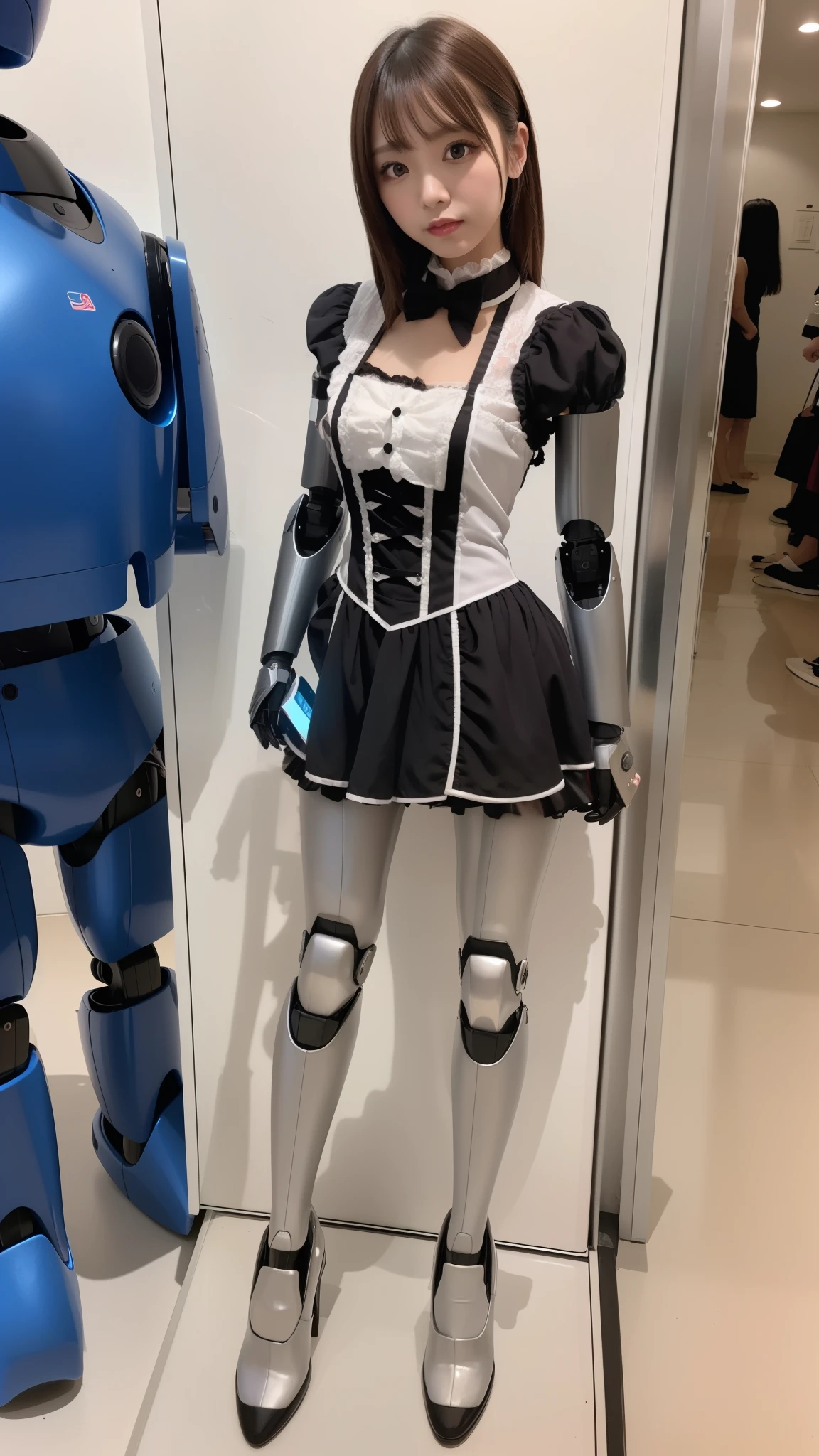 promo photo, waitresses, Gothic Lolita half costume and maid costume, Clothes based on white and pink, robot