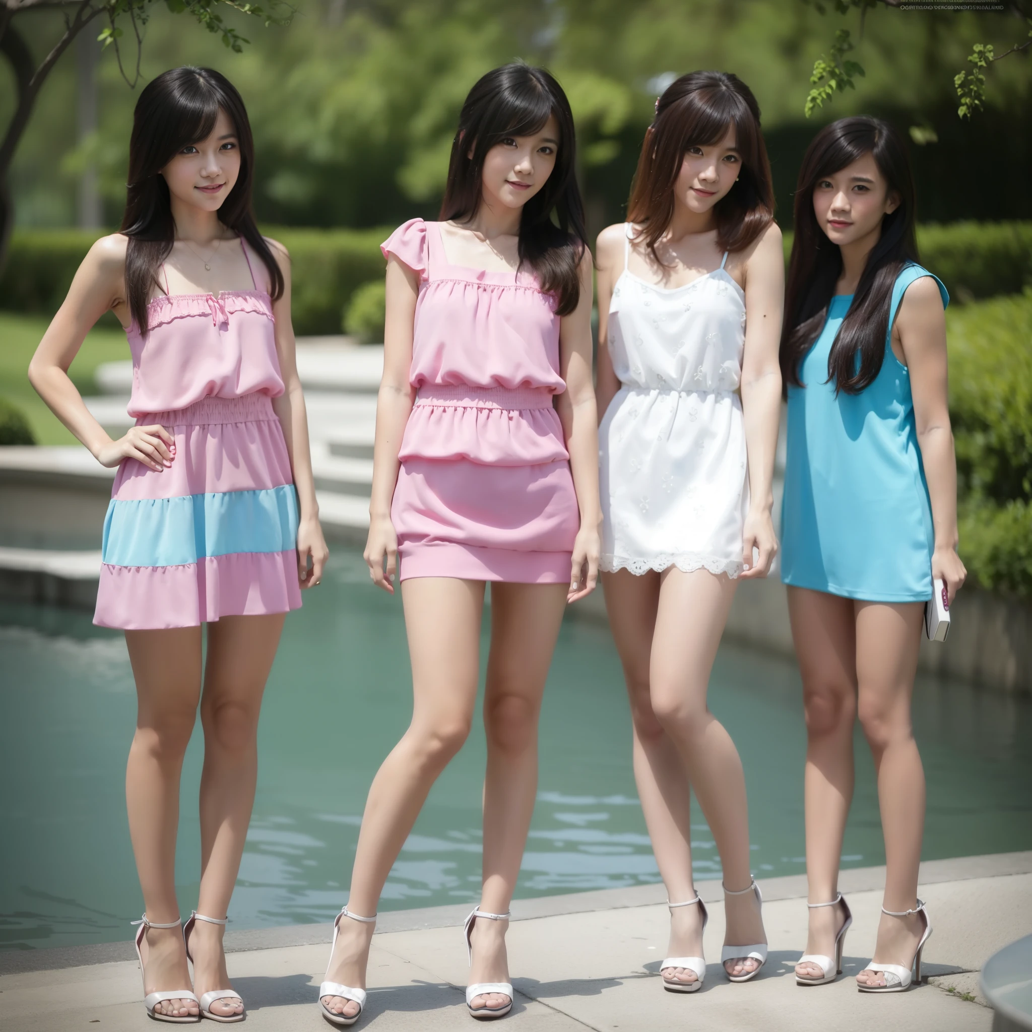 A beautiful 4 girls in pink blue aqua and red tight mini house dress, wearing bikini g-string, full body, with female friends, bobbed long hair, bangs hairstyle, high heels, little smile, standing,(best quality,4k,8k,highres,masterpiece:1.2),ultra-detailed,(realistic,photorealistic,photo-realistic:1.37),vivid colors,high fashion,glamour,portrait,fashion,beauty