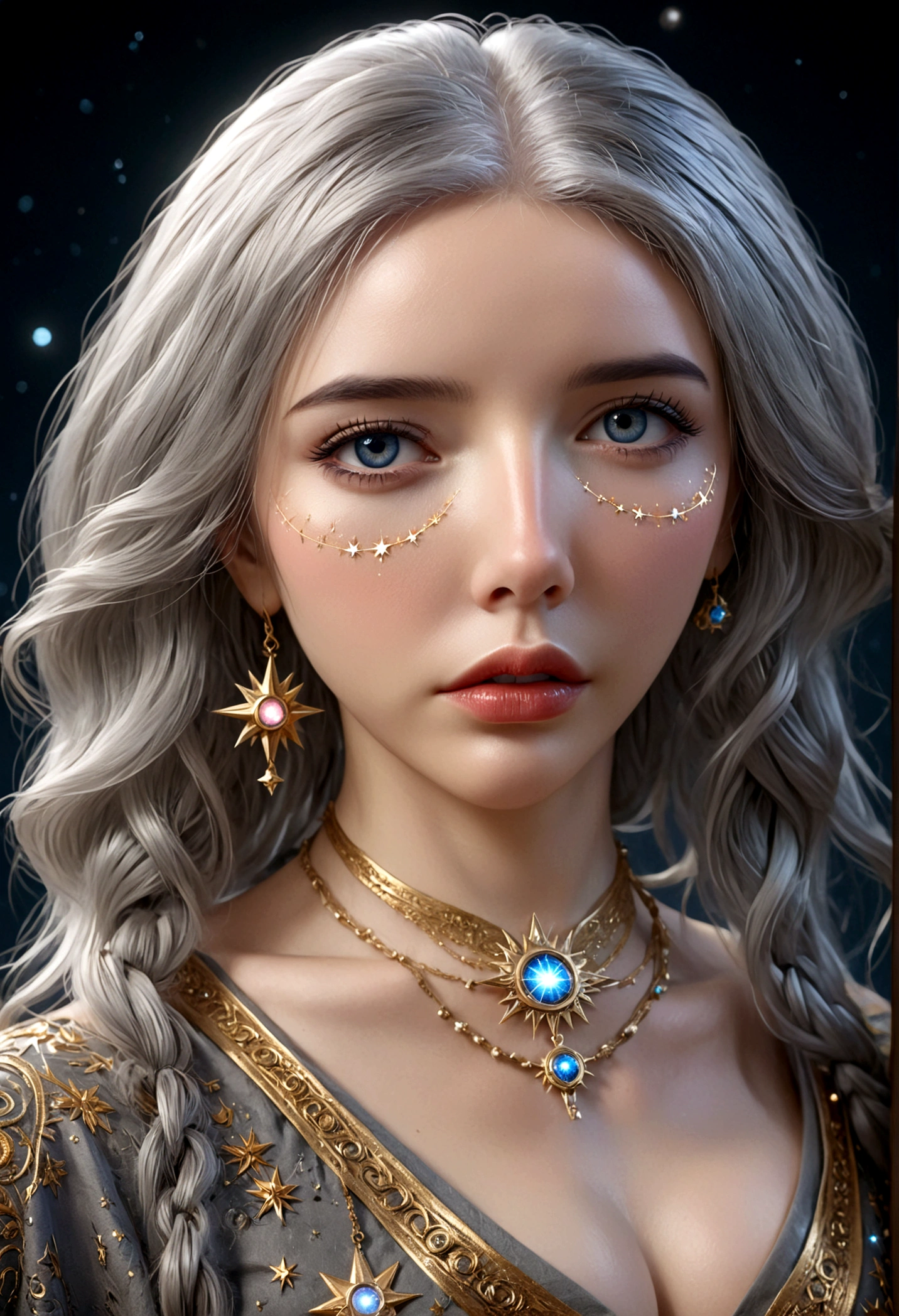 a cute gray haired woman, intricate star patterned mystical robes, astrological workshop, huge tome of astrological signs, star observation tools, detailed face, beautiful detailed eyes, beautiful detailed lips, extremely detailed face and eyes, long eyelashes, photorealistic, 8k, highres, masterpiece, ultra-detailed, realistic, vivid colors, dramatic lighting, fantasy, mystical, astrological, concept art