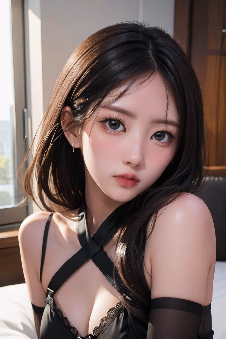 ((Top Quality, 8k, Masterpiece: 1.3)), Beauty, Hide Face, 1 Girl, Beautiful: 1.3, Slender Abs: 1.1, Camisole, Cleavage, Black Hair short , (While Sitting on the Bed), Ultra Detailed Face, Highly Detailed Lips, Detailed Eyes, Double Eyelids