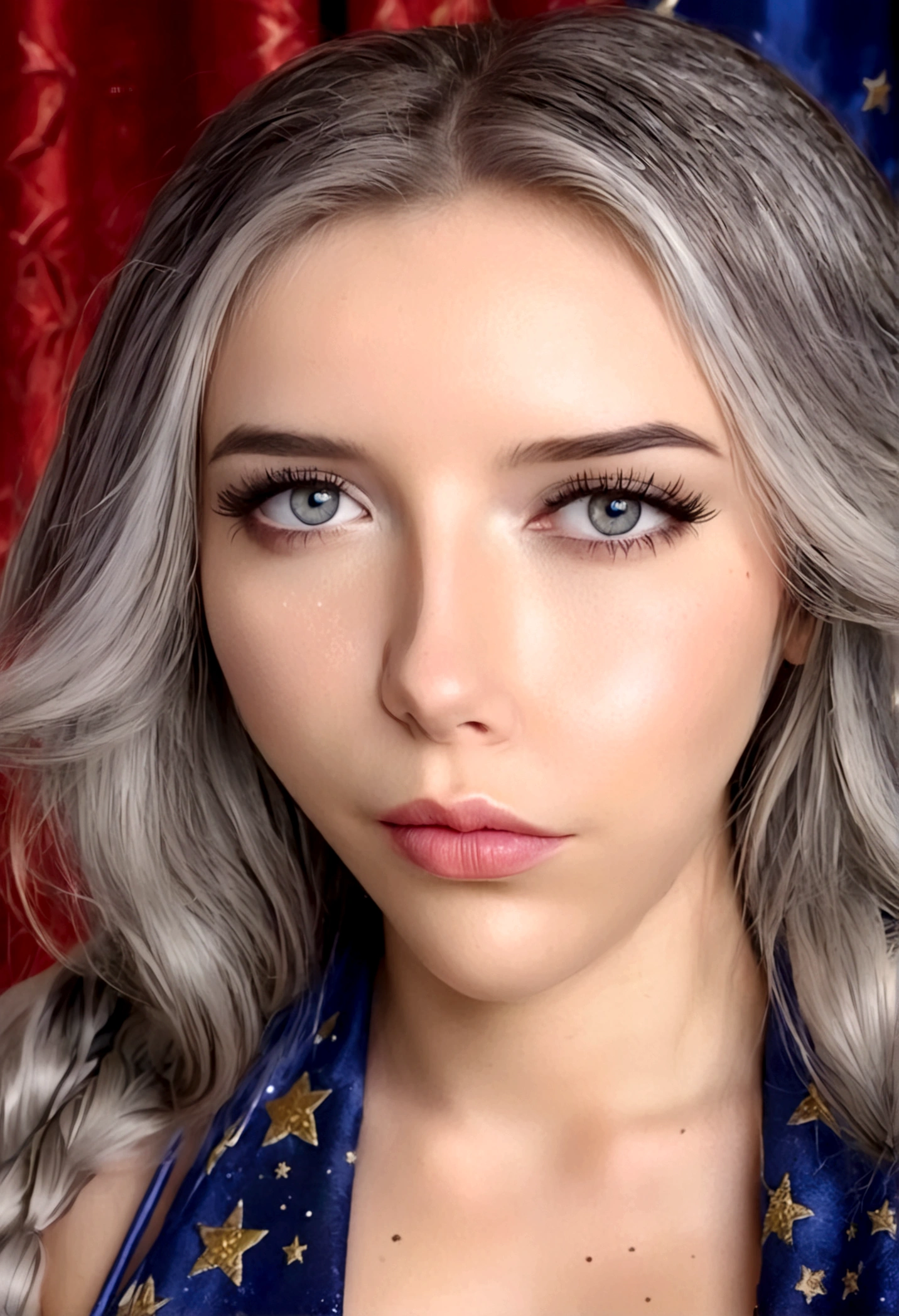 a cute gray haired woman, intricate star patterned mystical robes, astrological workshop, huge tome of astrological signs, star observation tools, detailed face, beautiful detailed eyes, beautiful detailed lips, extremely detailed face and eyes, long eyelashes, photorealistic, 8k, highres, masterpiece, ultra-detailed, realistic, vivid colors, dramatic lighting, fantasy, mystical, astrological, concept art