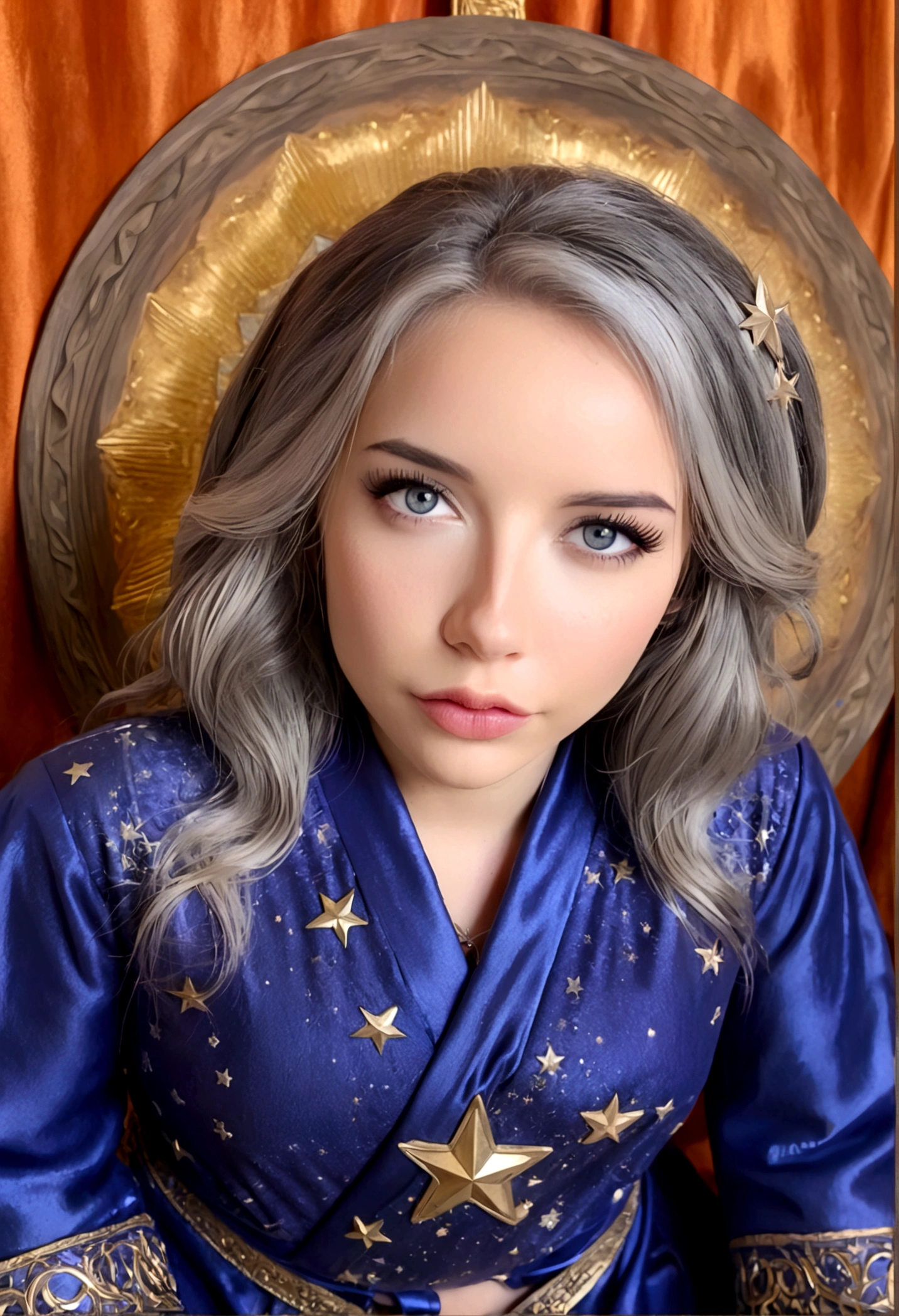 a cute gray haired woman, intricate star patterned mystical robes, astrological workshop, huge tome of astrological signs, star observation tools, detailed face, beautiful detailed eyes, beautiful detailed lips, extremely detailed face and eyes, long eyelashes, photorealistic, 8k, highres, masterpiece, ultra-detailed, realistic, vivid colors, dramatic lighting, fantasy, mystical, astrological, concept art
