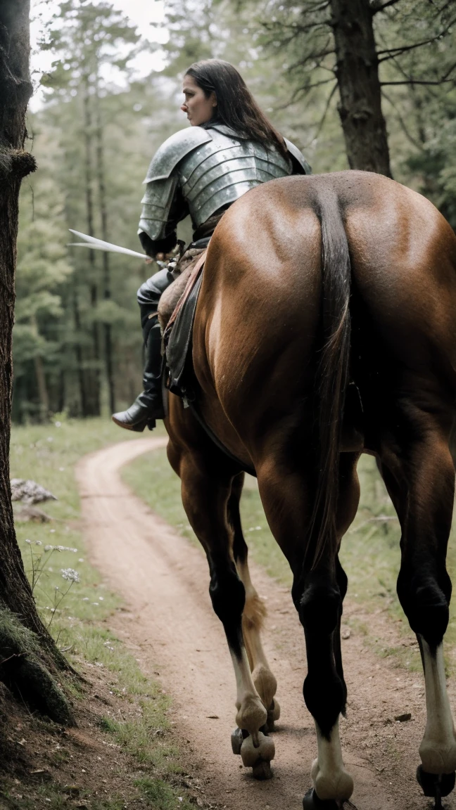 Highest quality, rear angle, low level shot, photo of a [Medieval|Fantasy] female knight with (muscular ass), (wearing [Chainmail|Leather] armor, exposed ass), perfect face, detailed facial features, looking back at viewer, serious expression, outdoors, in scenic high-fantasy country side woodlands, athletic body, big butt, (detailed skin), intricately detailed, overcast weather, dappled lighting, crepuscular rays, shadow casting, film grain, volumetric fog, photographed on a Canon EOS R3, 105mm F/2.8 VR Macro Lens, HDR, 8k, (sharp focus), cinematic film still from lord of the rings,  BREAK, surrounded by green forest view vibe while riding a stallion-horse with impressive huge horse cock),BREAK, (masterpiece),(best quality),(masutaa piisu), BREAK,  the horse is displaying its huge horse-pebie, ,must generate horse cock on the stallion-horse, riding on a horse, 