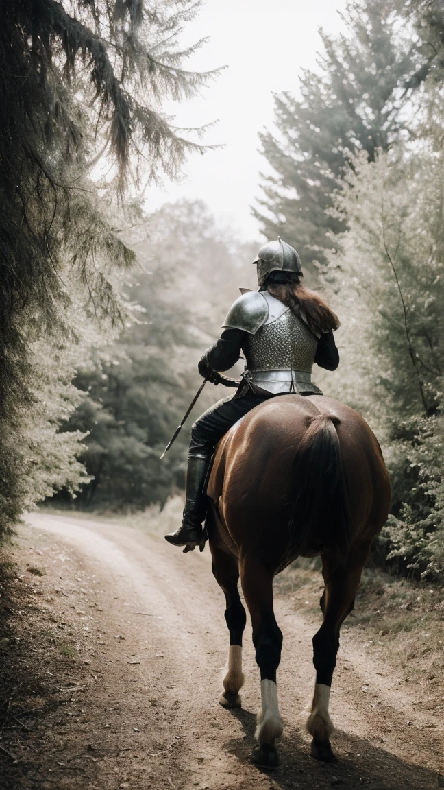 Highest quality, rear angle, low level shot, photo of a [Medieval|Fantasy] female knight with (muscular ass), (wearing [Chainmail|Leather] armor, exposed ass), perfect face, detailed facial features, looking back at viewer, serious expression, outdoors, in scenic high-fantasy country side woodlands, athletic body, big butt, (detailed skin), intricately detailed, overcast weather, dappled lighting, crepuscular rays, shadow casting, film grain, volumetric fog, photographed on a Canon EOS R3, 105mm F/2.8 VR Macro Lens, HDR, 8k, (sharp focus), cinematic film still from lord of the rings,  BREAK, surrounded by green forest view vibe while riding a stallion-horse with impressive huge horse cock),BREAK, (masterpiece),(best quality),(masutaa piisu), BREAK,  the horse is displaying its huge horse-pebie, ,must generate horse cock on the stallion-horse, riding on a horse, 