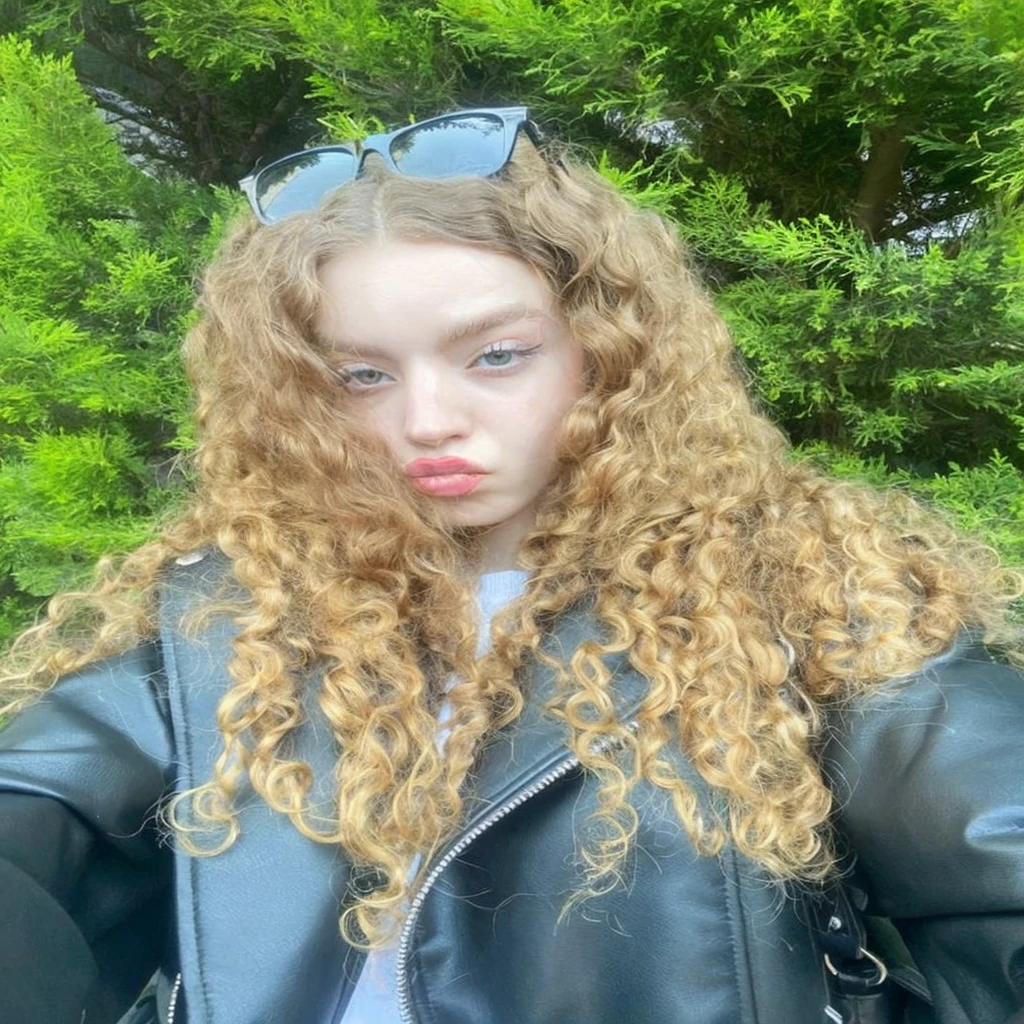 Pale with defined and voluminous blonde curly hair and light green eyes, potato nose with small pink lips, taking a photo looking at the camera with a gray t-shirt and good quality