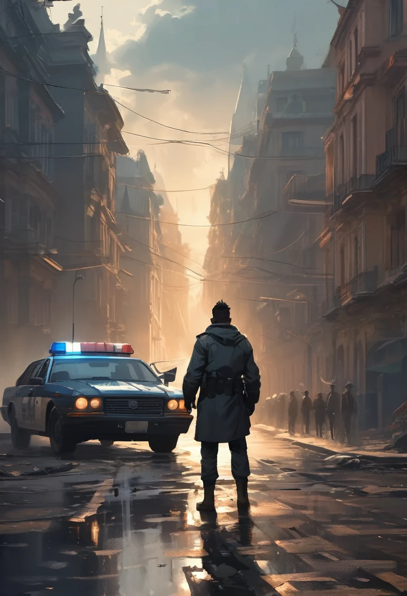 a man looking at the end of a straight road, (((a police car with sirens on behind the man))), the light of freedom ahead, a man's hands raised in triumph, rainy day, the old city, , a man's feet buried in the mud on the road, masterpiece, best quality, (very 8k unity CG wallpaper details), (best quality), (best illustration ), (best shadows), absurd, realistic lighting, (Abyss), beautiful light details, artwork by PeterMohrBacher,