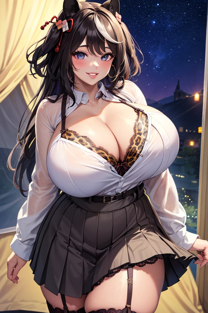 masterpiece, Highest quality, High resolution, 1h1 ..., hair ornaments, Knee socks, Long Hair, Detailed body, (Detailed face:1.1), (Perfect Eyes), Thick eyelashes, Long eyelashes, Perfect dynamic composition, (Improve:1.2), Cleavage, jewelry, Earrings, Open clothes, tie shirt, Tent shirt, Unbuttoned shirt, Bra Peek, lace trim bra, (leopard pattern:1.2), belt, Pleated skirt, Lace-trimmed legwear, Garter Straps, See-through, hoop Earrings, Gal, Wicked Smile, Captivating smile, blush, Seductive pose, (Captivating smile:1.4), Thick lips, (Big Lips:1.2), (Huge lips: 1.2), (Part your lips:1.2), (Thick lips:1.4), street, Night Sky Armband,