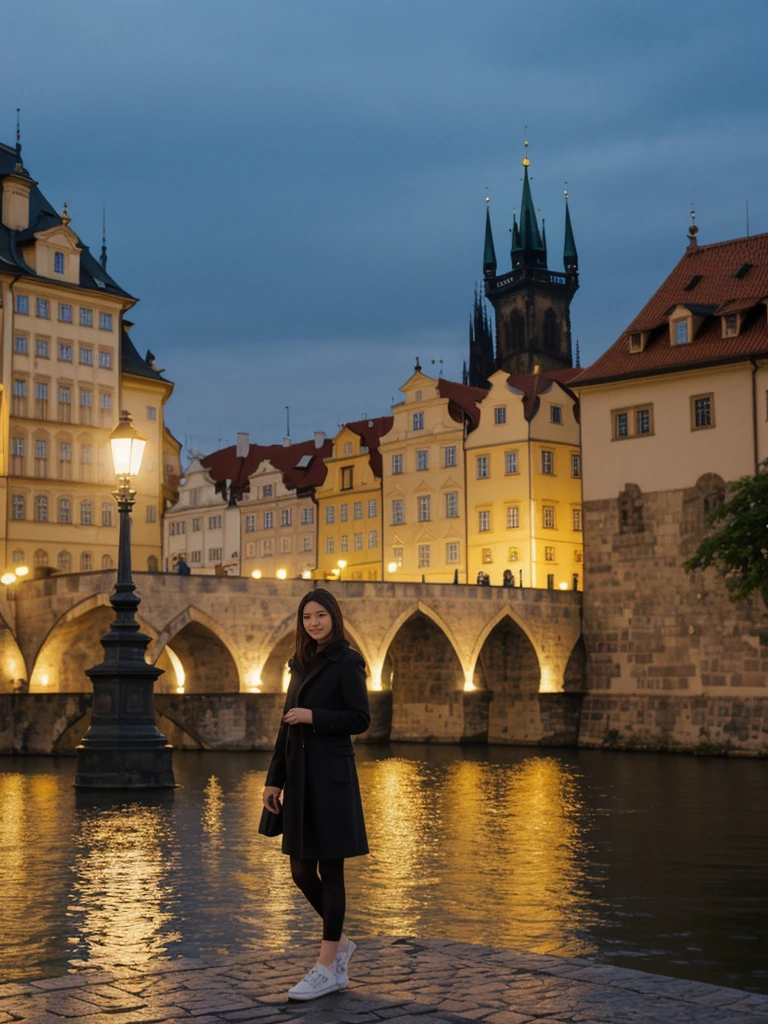 her name is Asako, high quality, 1girl, ((20-year-old fit Caucasian woman)), ((20 years old)), ((slim)), ((Korean Short Bob)), pose: standing, wearing Contemporary Generation-Z modern wear different colored, BACKGROUND: "On the Charles Bridge, with historic street lamps casting a glow over the Vltava River and Prague Castle illuminated in the distance."