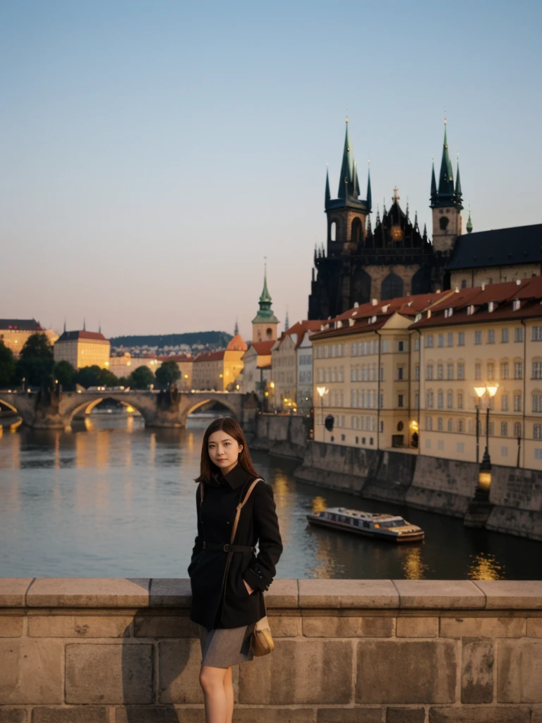her name is Asako, high quality, 1girl, ((20-year-old fit Caucasian woman)), ((20 years old)), ((slim)), ((Korean Short Bob)), pose: standing, wearing Contemporary Generation-Z modern wear different colored, BACKGROUND: "On the Charles Bridge, with historic street lamps casting a glow over the Vltava River and Prague Castle illuminated in the distance."